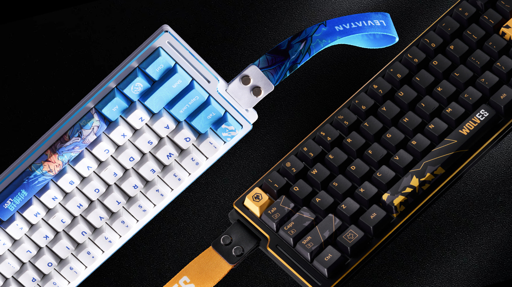 White and black mechanical keyboards side by side with RGB lighting and customized keycaps.