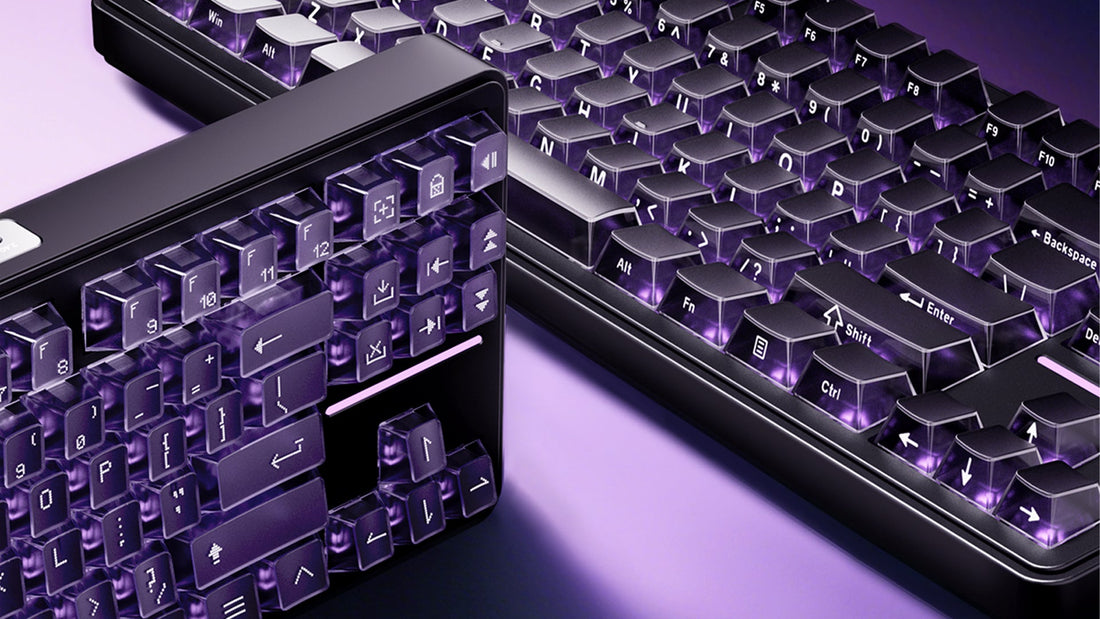 Close-up of a sleek mechanical keyboard with purple backlighting.