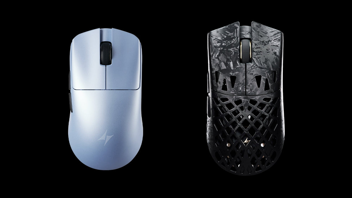 Top view of two ATK gaming mice with a solid blue shell and a black honeycomb shell, highlighting their different designs.