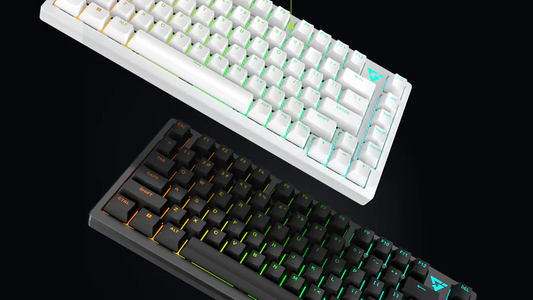 A white and a black gaming keyboard with colorful RGB backlighting are displayed on a black surface.