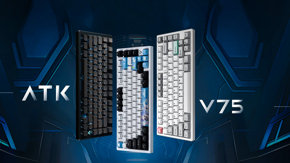 Three ATK V75 mechanical keyboards displayed against a dark blue gaming background