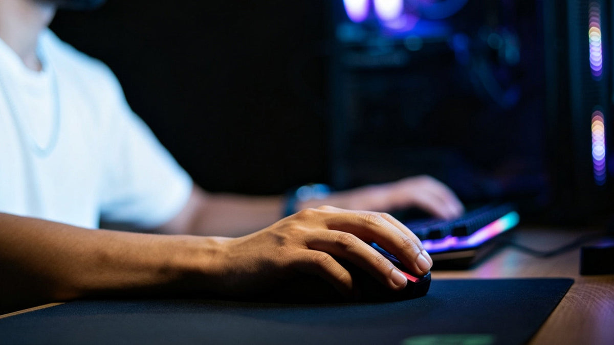 Gamer using a wireless gaming mouse on a mouse pad in a dark RGB-lit setup