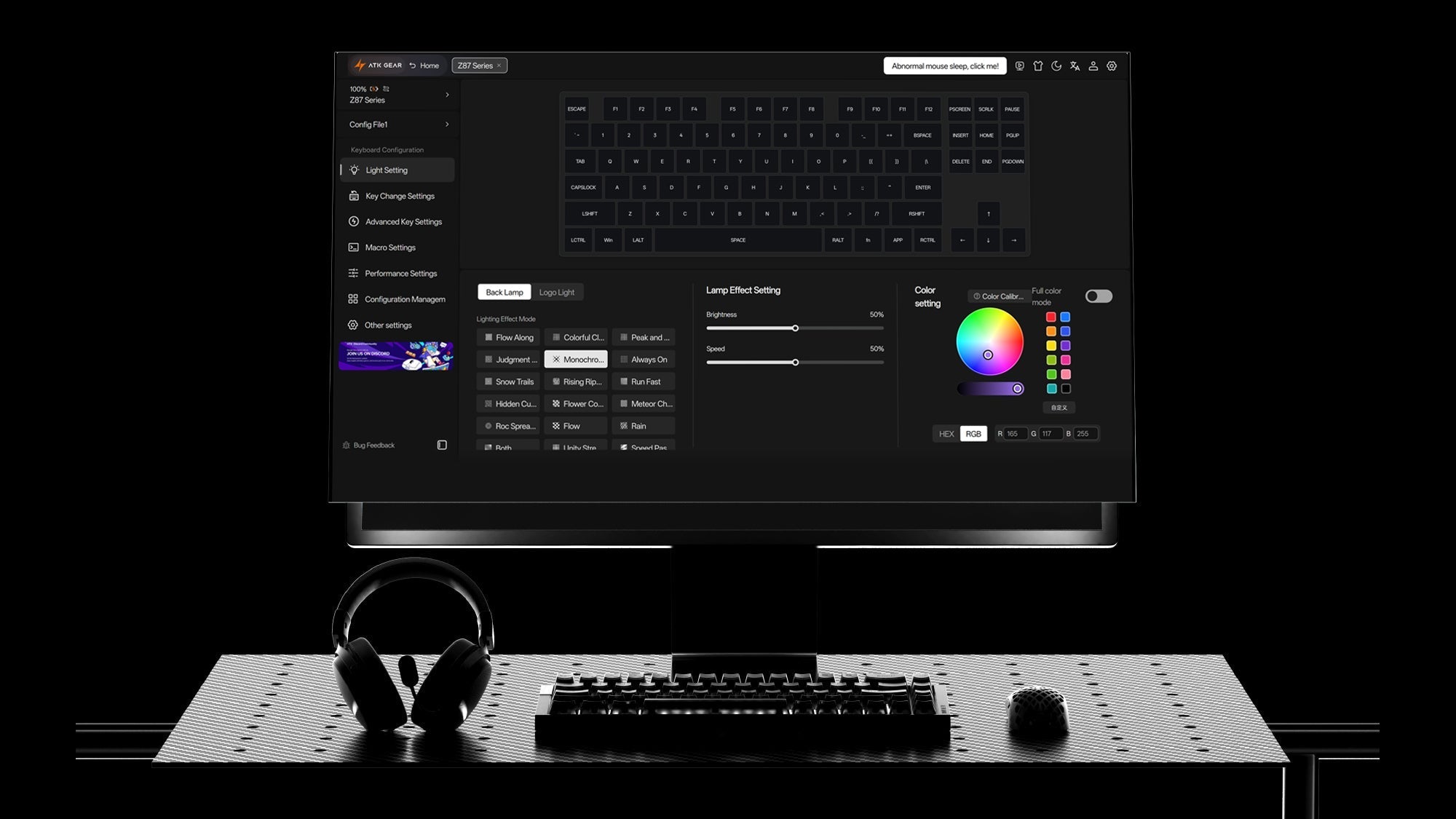 Desktop setup displaying ATK web configurator interface on monitor for Z87 keyboard RGB setup