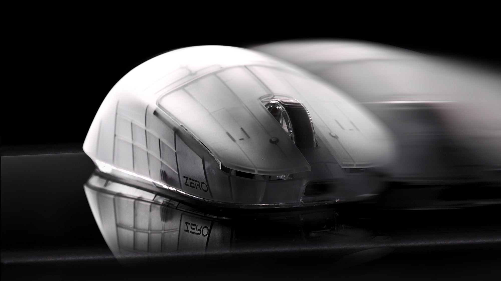 ATK ZERO translucent wireless gaming mouse moving fast to show high polling rate speed