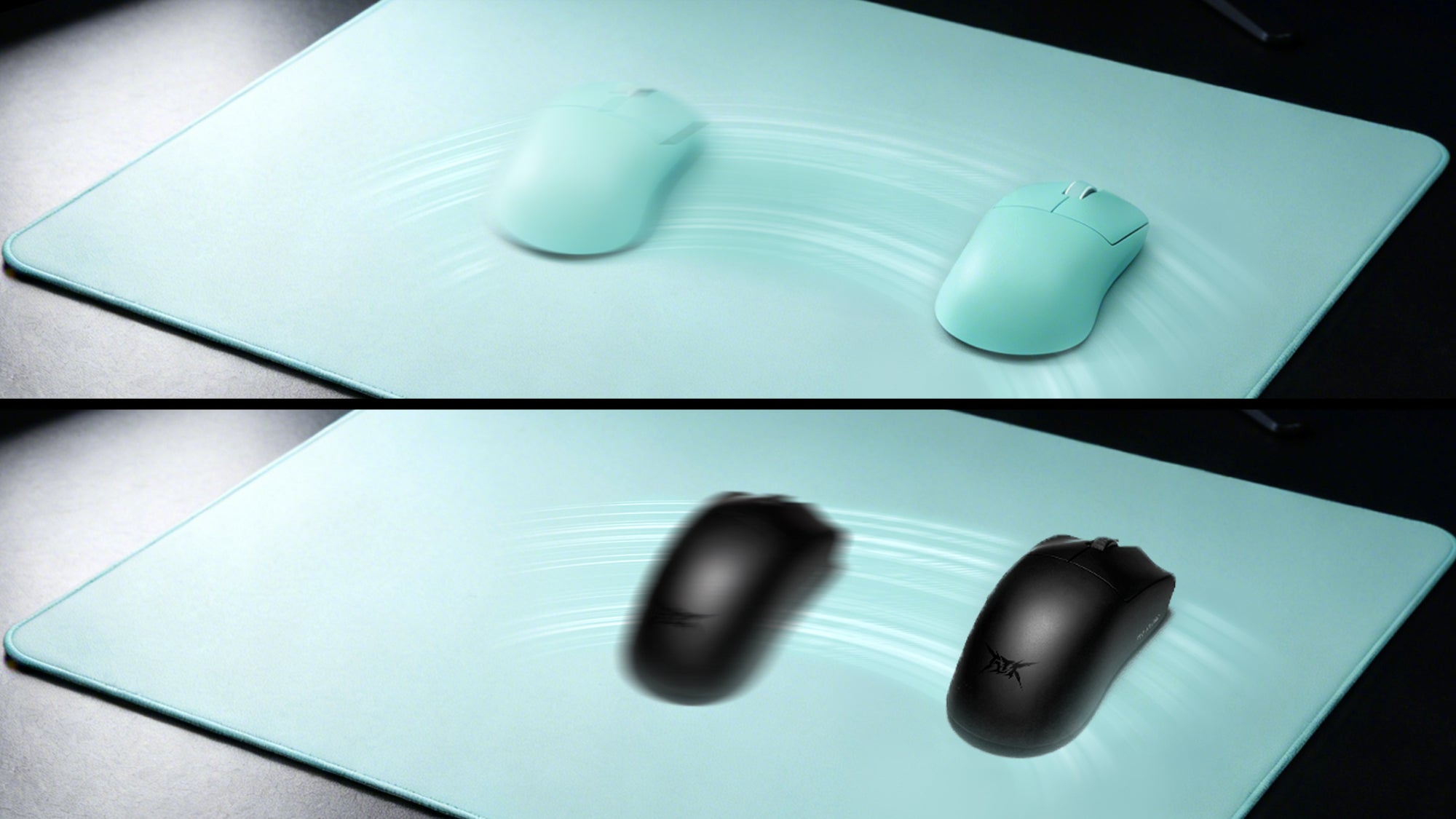 ATK gaming mice sliding on a blue mousepad showing movement distance difference from DPI deviation