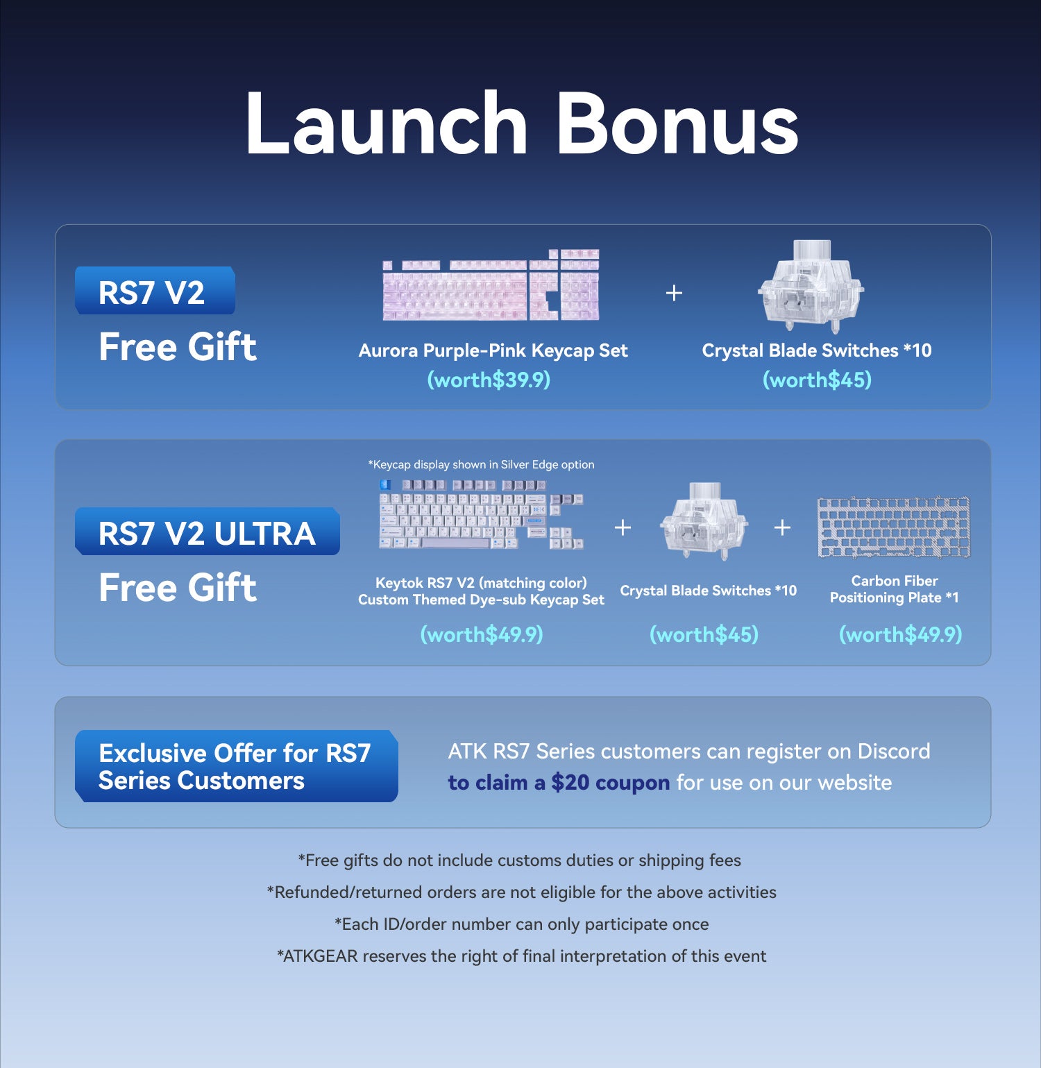 ATK RS7 V2 launch bonus: free Aurora keycaps & switches for RS7 V2. RS7 V2 ULTRA gets more. RS7 customers get $20 coupon.