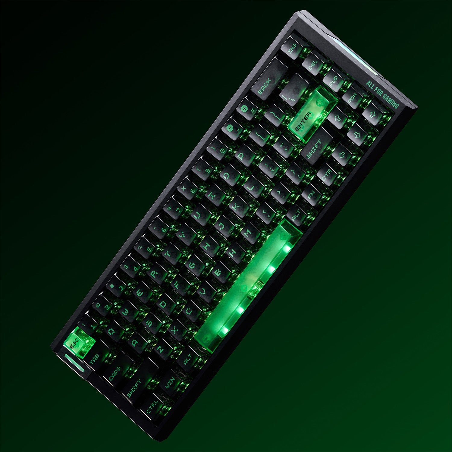 ATK RS6 Air Esports keyboard with green translucent keycaps and RGB lighting. Features 'ALL FOR GAMING' text.