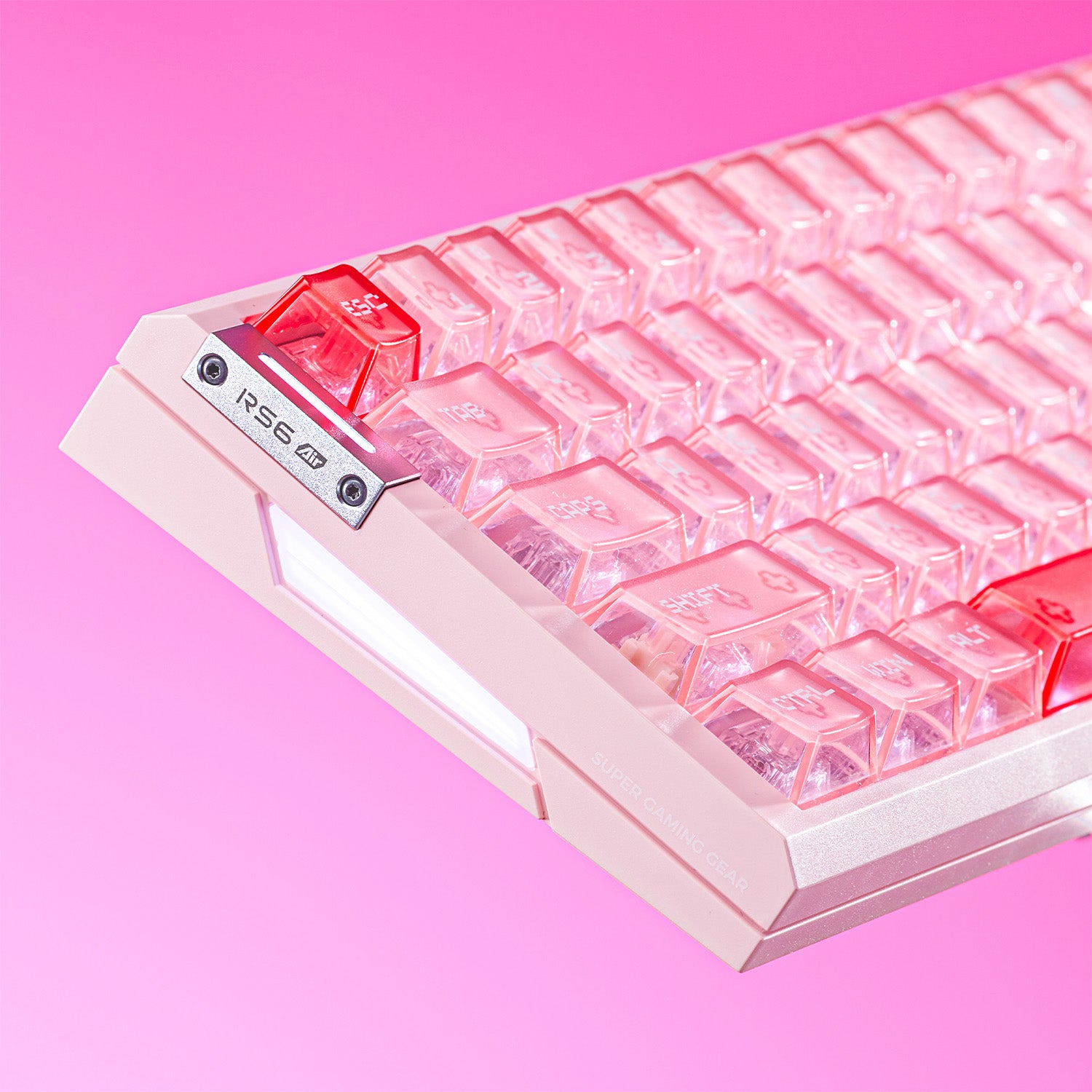 ATK RS6 Air Esports keyboard with frosted translucent pink keycaps and a pink mecha-style ABS case.