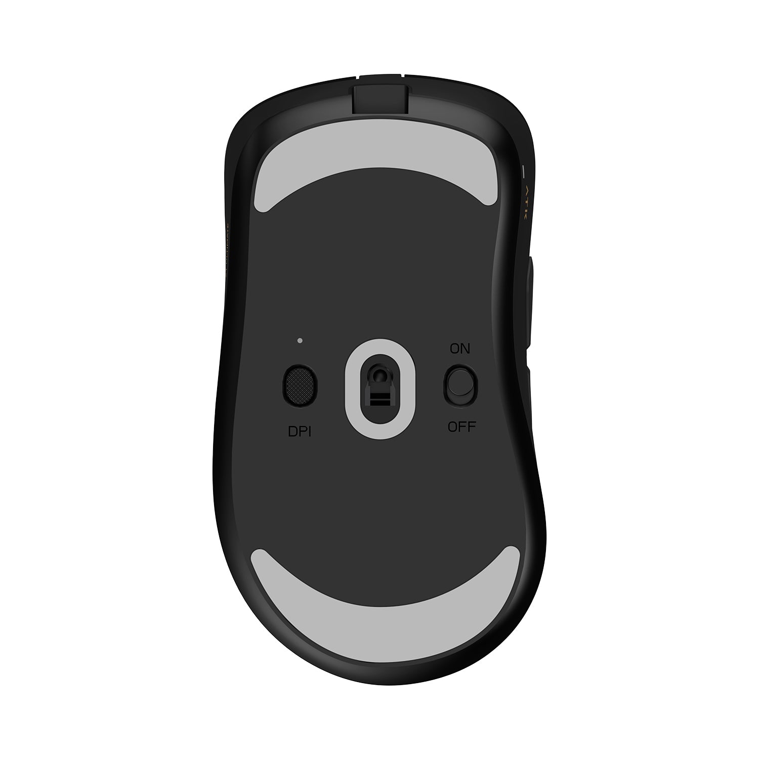 ATK Blazing Sky Z1 V2 wireless gaming mouse bottom with DPI and ON/OFF switches.
