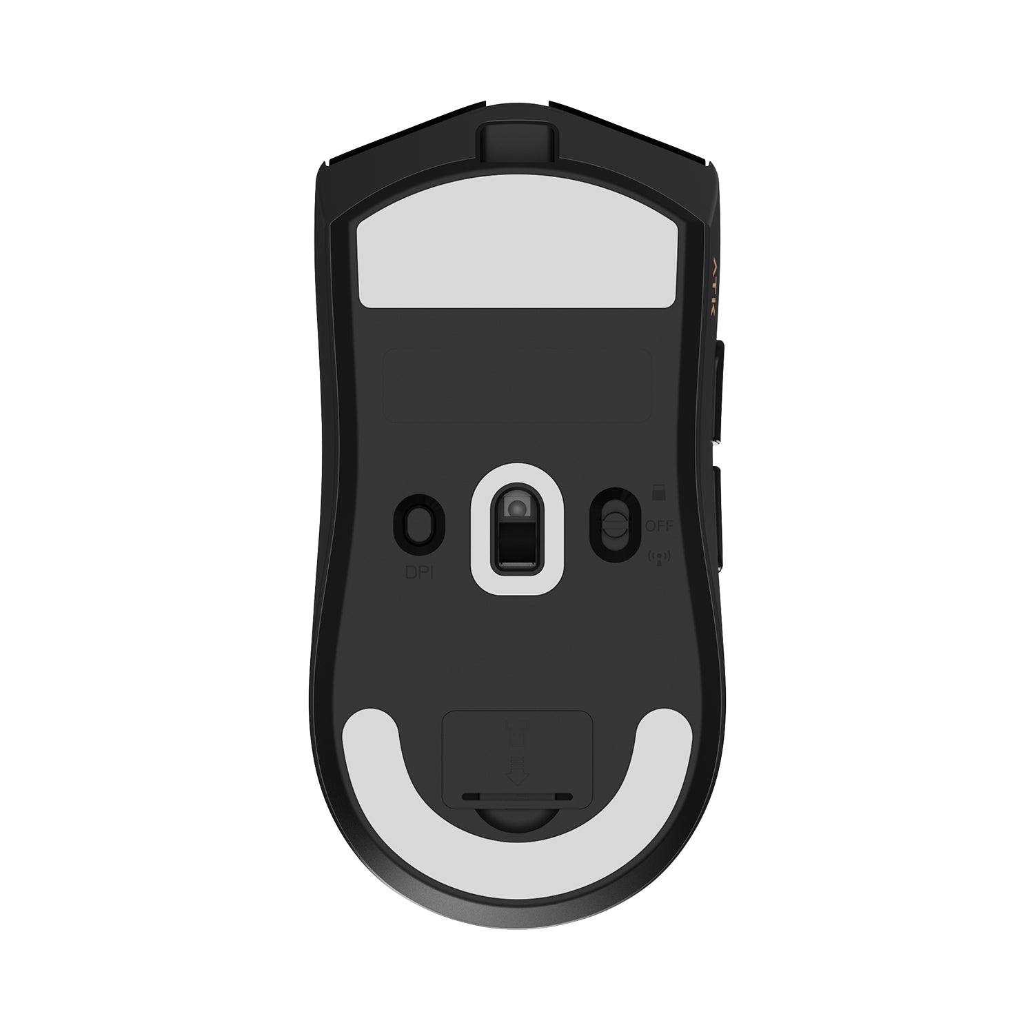 ATK Blazing Sky X1 V2 wireless esports mouse underside with DPI button and ON/OFF switch
