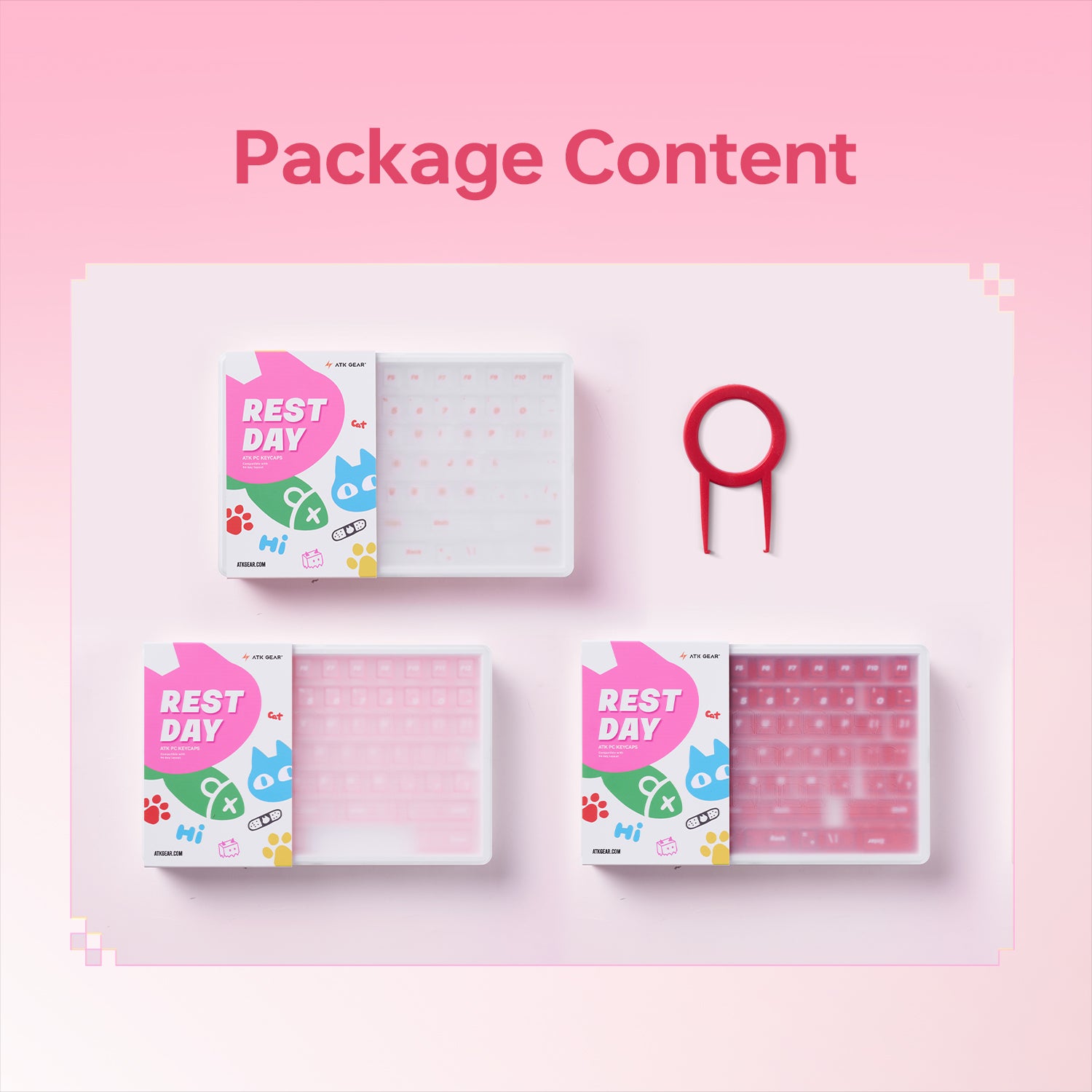 Three ATK Gear 'Rest Day' PC keycap sets in pink, white, and red, with a red keycap puller.
