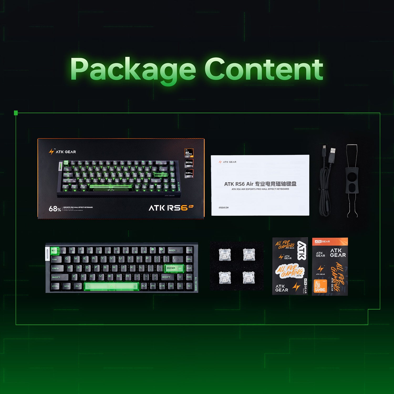 ATK RS6 Air Esports keyboard package contents: keyboard, cable, keycap puller, manual, 4 switches, and stickers.