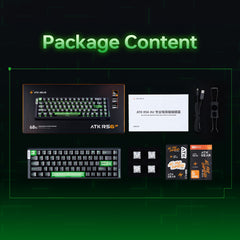 ATK RS6 Air Esports keyboard package contents: keyboard, cable, keycap puller, manual, 4 switches, and stickers.