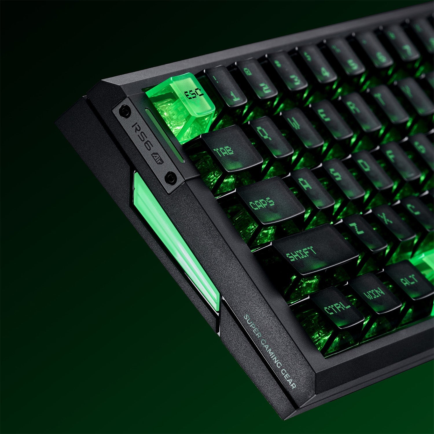ATK RS6 Air Esports keyboard with green backlighting and translucent keycaps. Features 'ESC' key and 'RS6 AIR' branding.