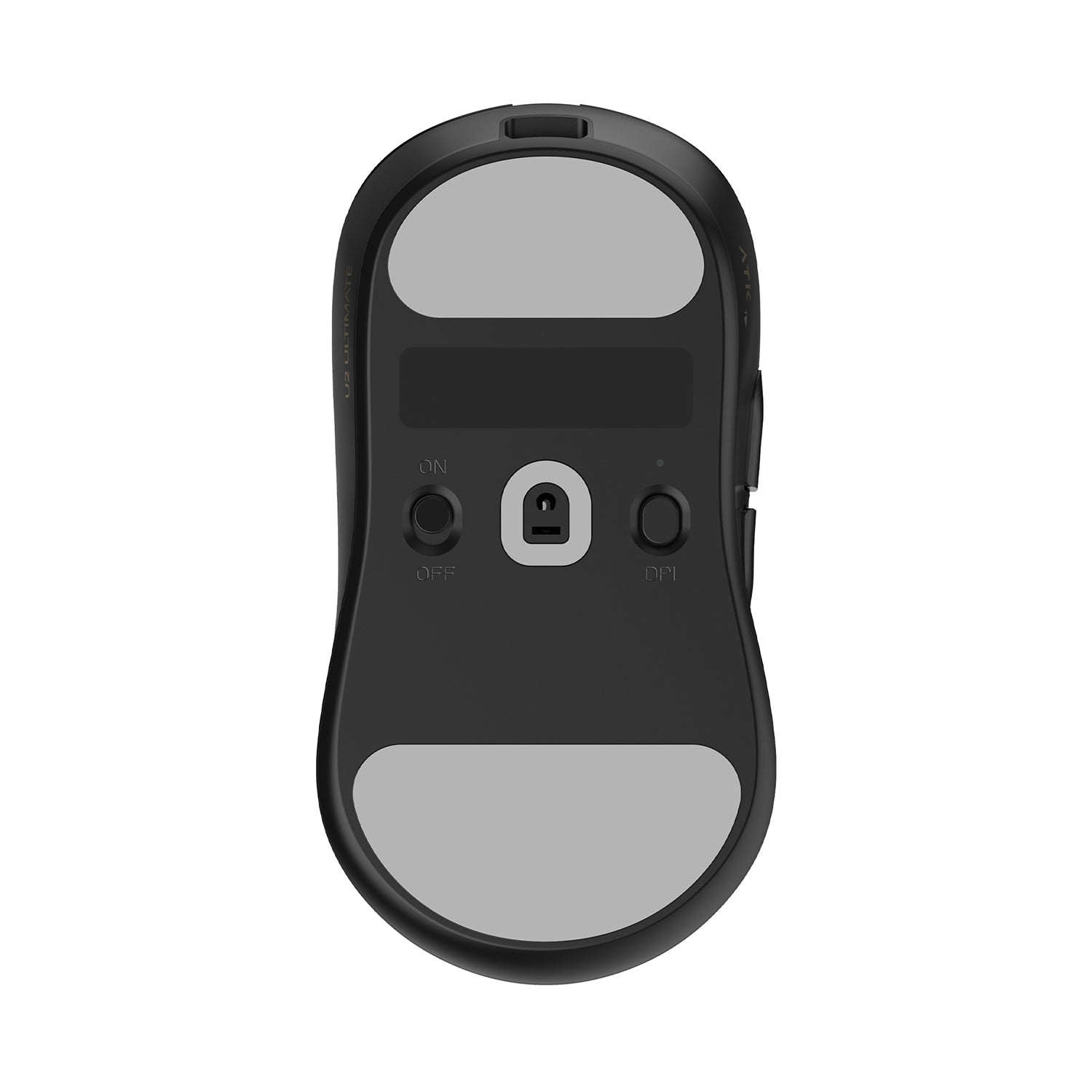ATK Blazing Sky U2 V2 Superlight Wireless Gaming Mouse bottom view with ON/OFF and DPI buttons, and gray mouse feet.