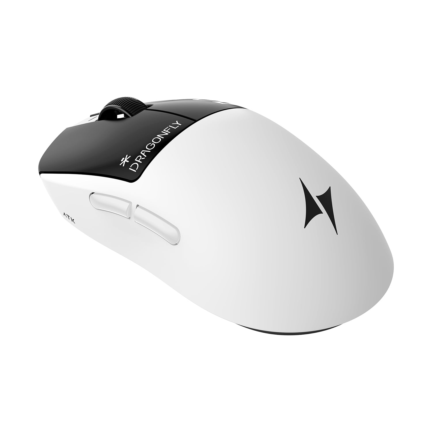 ATK Dragonfly A9 wireless gaming mouse in white with black accents and logo