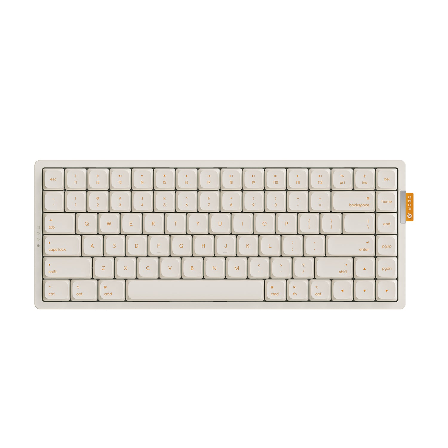 Cream mechanical keyboard with orange key legends. Compact 60% layout, minimalist design with rounded keycaps. Ergonomic and stylish for modern desks.