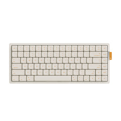 Cream mechanical keyboard with orange key legends. Compact 60% layout, minimalist design with rounded keycaps. Ergonomic and stylish for modern desks.