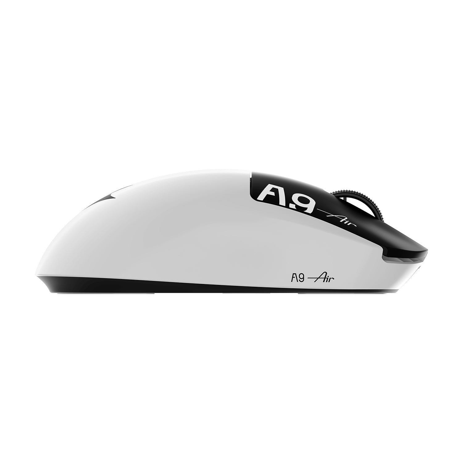 ATK Dragonfly A9 Ultimate Lightweight Wireless Mouse side view, white with black accents and branding.