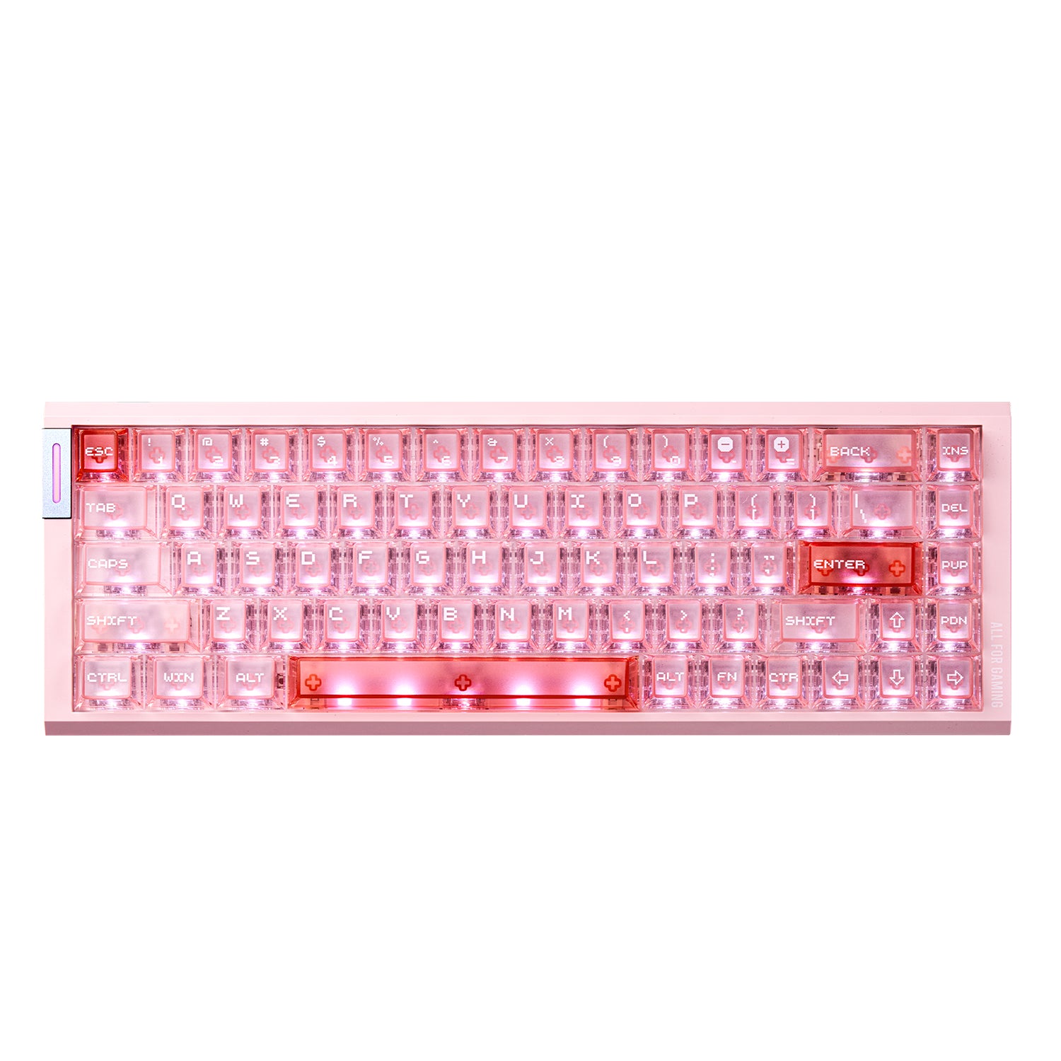 ATK RS6 Air Esports 65% keyboard with frosted translucent pink keycaps and RGB lighting.