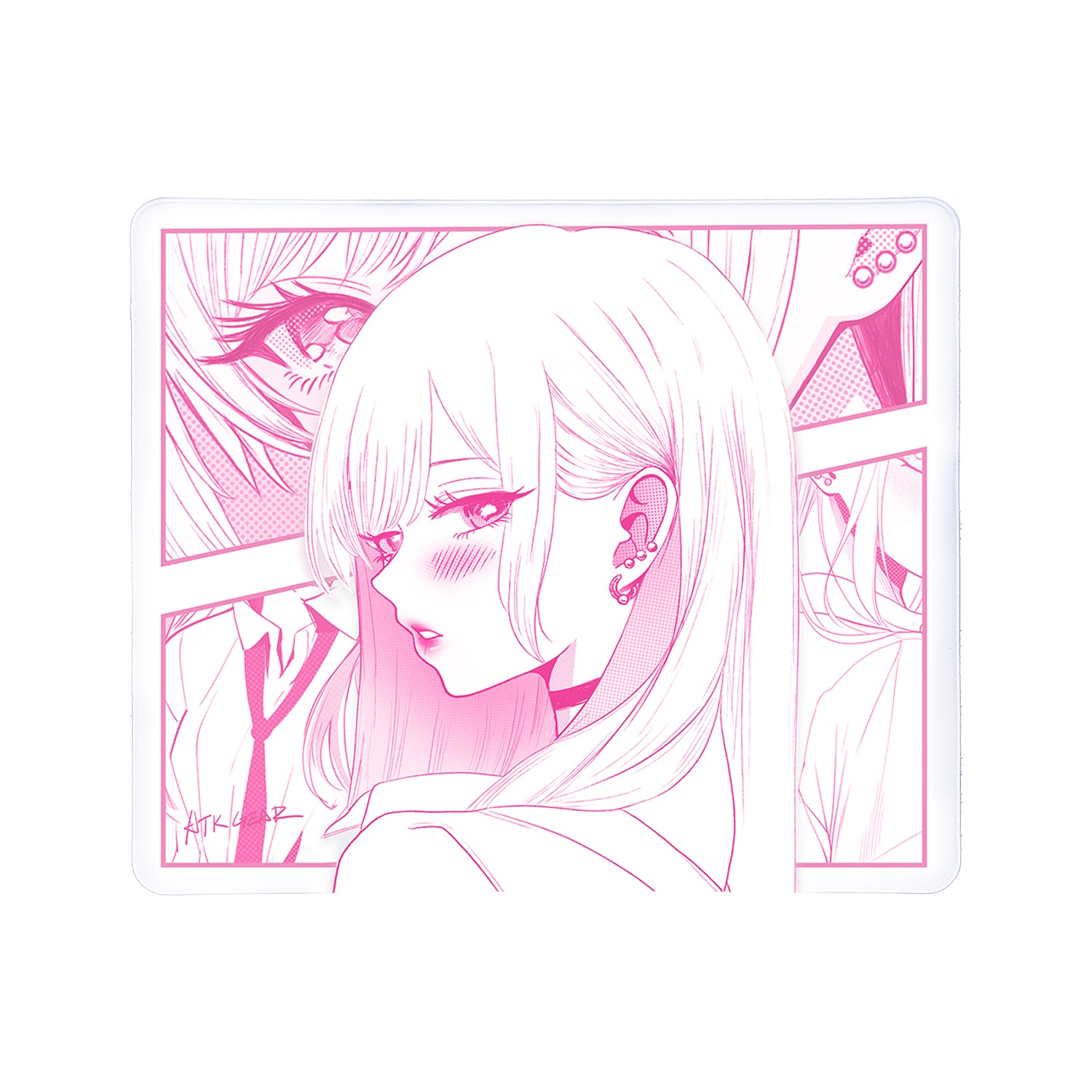 ATK Anime Mouse Pad with pink manga illustration of a blushing young woman, featuring ATK logo.