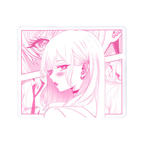 ATK Anime Mouse Pad with pink manga illustration of a blushing young woman, featuring ATK logo.