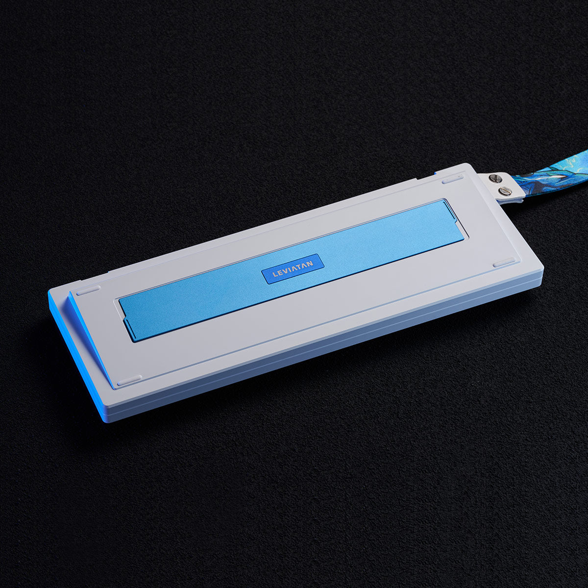 ATK EDGE 60HE LEVIATAN keyboard, white aluminum, blue accent plate, LEVIATAN logo, blue LED lighting.