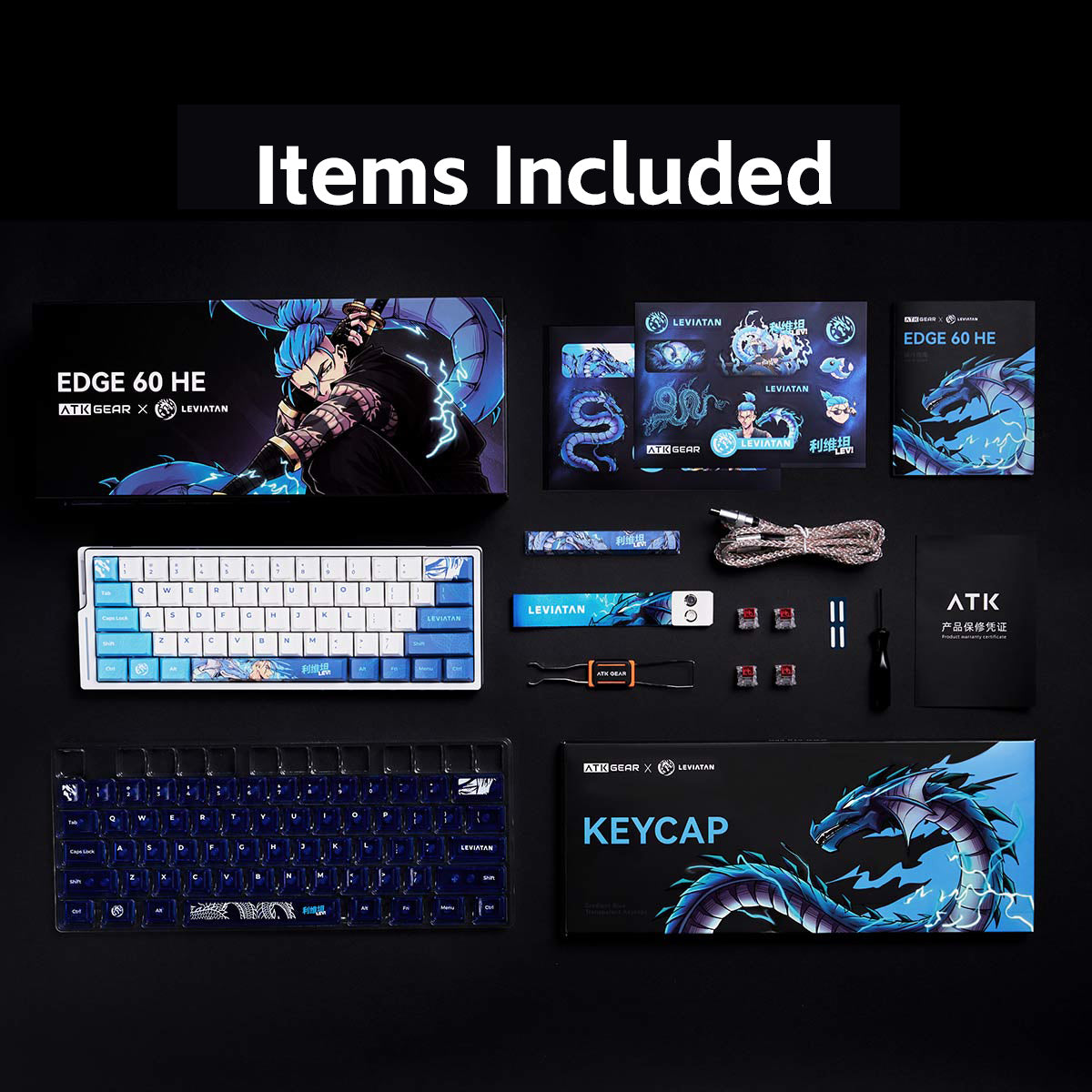 ATK EDGE 60HE LEVIATAN Esports Magnetic keyboard and accessories: white keyboard, blue keycaps, cables, tools, packaging.