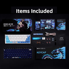 ATK EDGE 60HE LEVIATAN Esports Magnetic keyboard and accessories: white keyboard, blue keycaps, cables, tools, packaging.