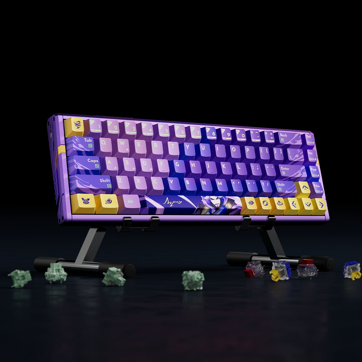 ATK RS6 Ultra Aluminum Hall Effect Keyboard with custom purple keycaps featuring anime art, on a stand.