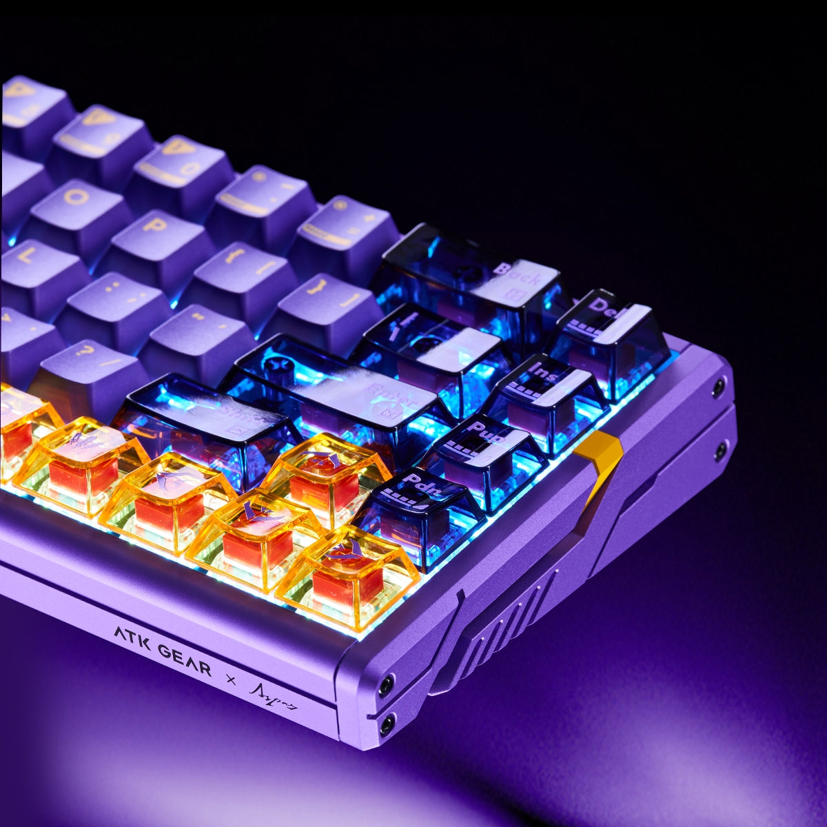 Purple ATK RS6 65% aluminum keyboard with RGB, translucent amber & blue keycaps. Product aesthetics page.