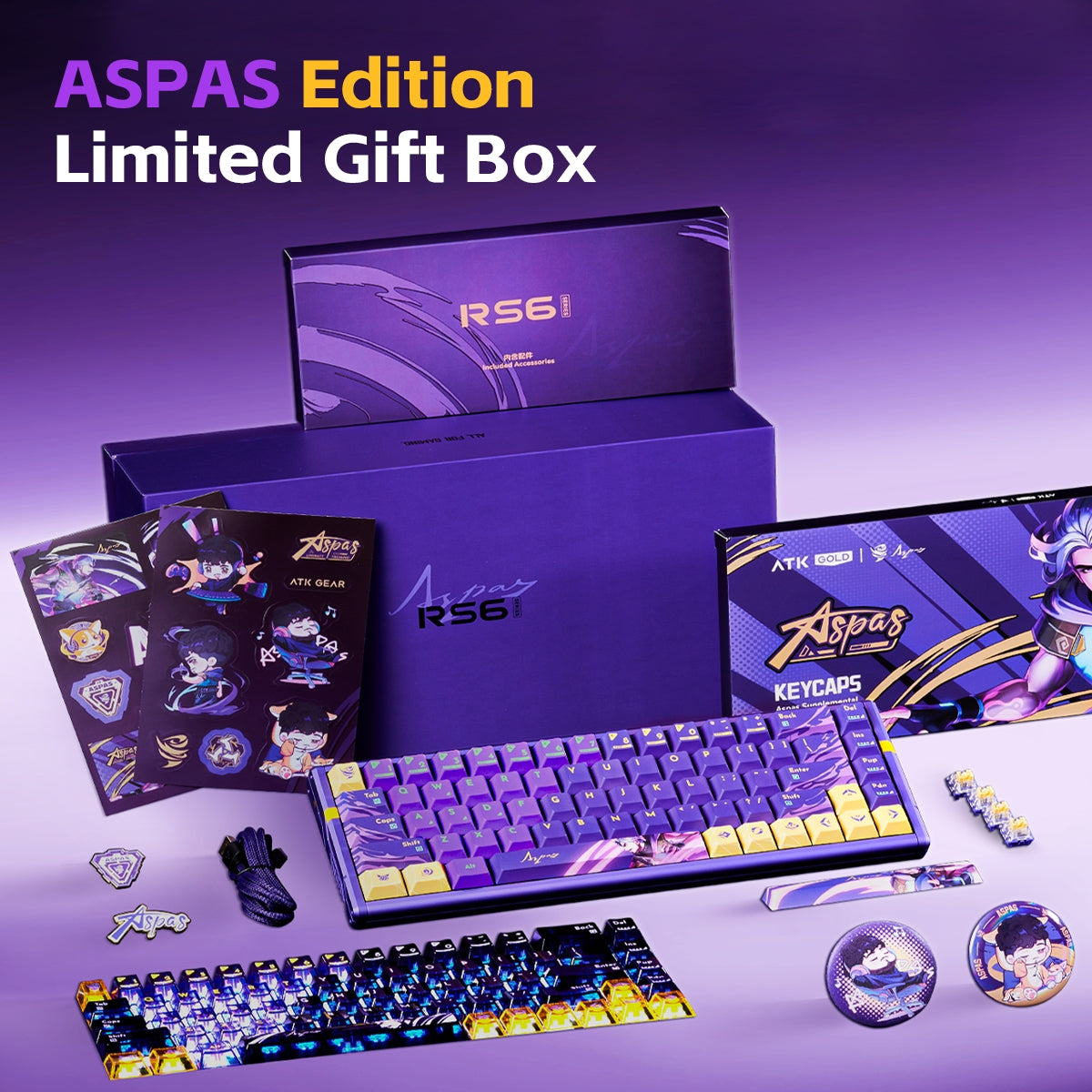 ATK RS6 Aspas Edition gift box with purple aluminum keyboard, graphic keycaps, and anime accessories displayed.