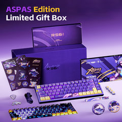 ATK RS6 Aspas Edition gift box with purple aluminum keyboard, graphic keycaps, and anime accessories displayed.