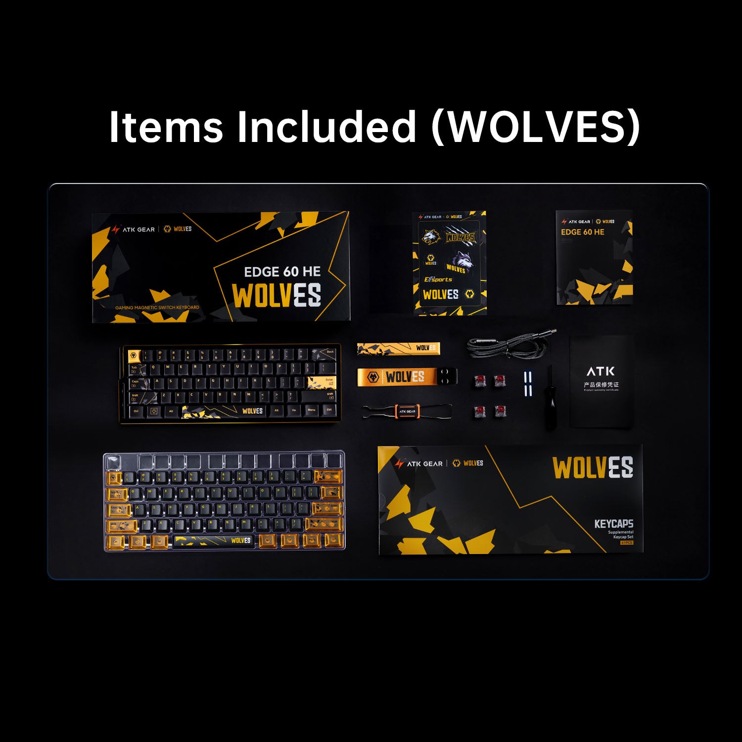 ATK EDGE 60 HE Esports Magnetic Keyboard accessories including keycaps, cable, and tools, all with Wolves branding.