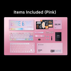 Pink ATK EDGE 63HE keyboard bundle with PBT keycaps, cable, stickers, and manual.