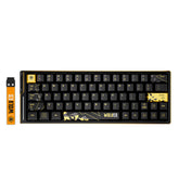 ATK EDGE 63 HE Esports Keyboard: black 63% layout, PBT keycaps, gold accents, mountain design, magnetic WOLVES accessory.