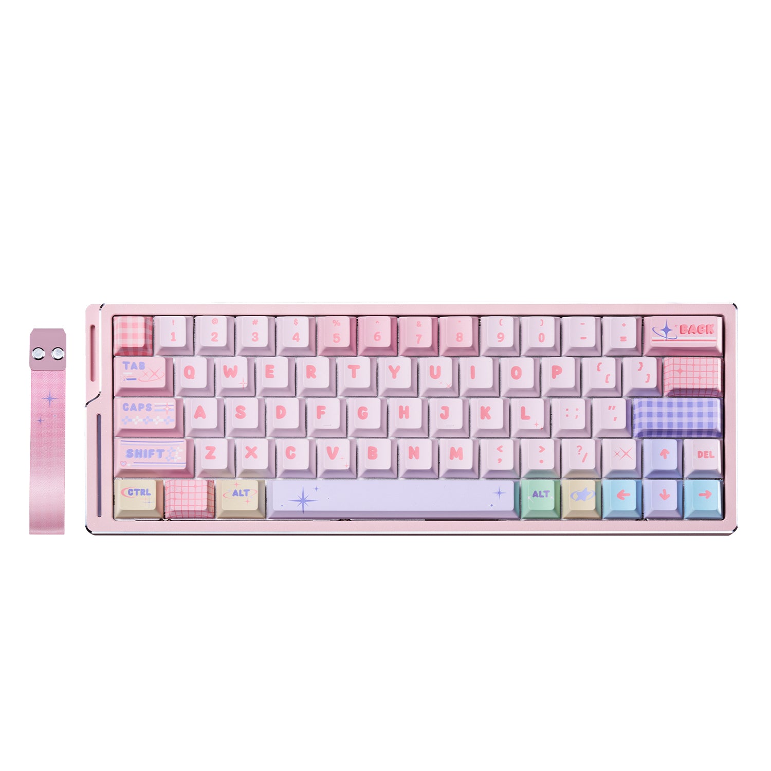 Pink ATK EDGE 63 HE Esports Magnetic Keyboard, 60% layout, pastel checkered and celestial keycaps, aluminum case.