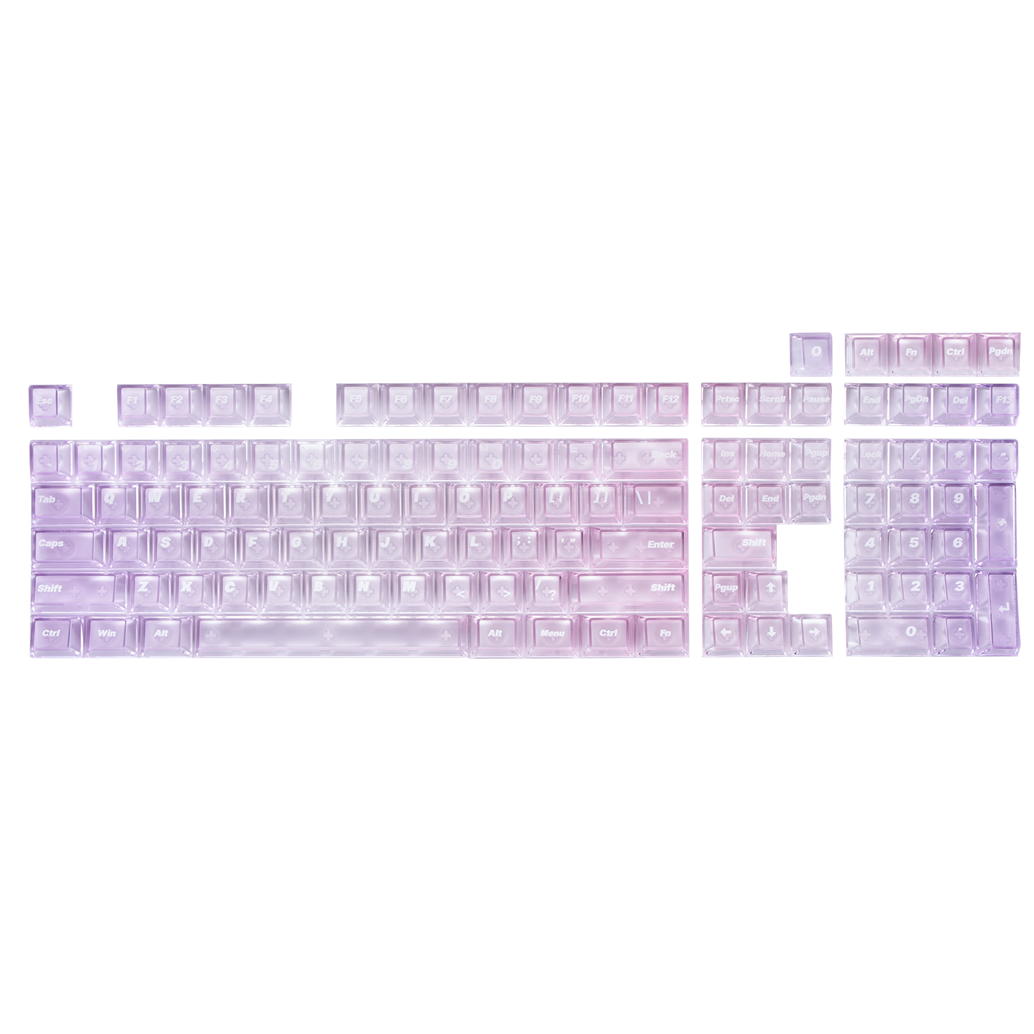 Aurora purple-pink gradient transparent PC keycaps, 115 keys in Cherry profile.