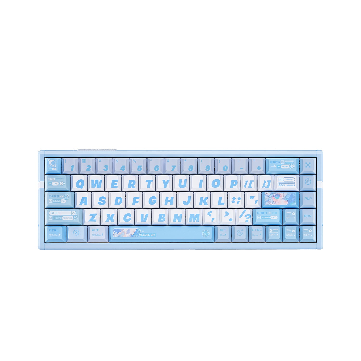 ATK RS6 65% aluminum keyboard with light blue case and white keycaps featuring anime art