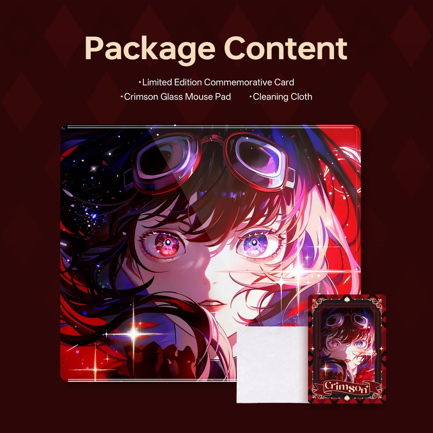ATK Crimson Limited Edition glass mouse pad package contents with anime art card & cleaning cloth