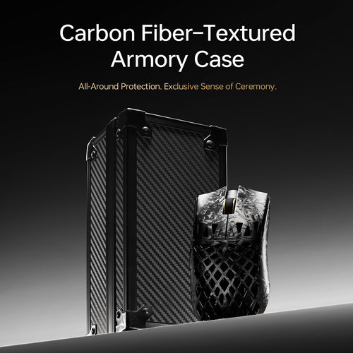 ATK Blazing Sky GHOST hollow carbon fiber wireless gaming mouse beside an armory case.