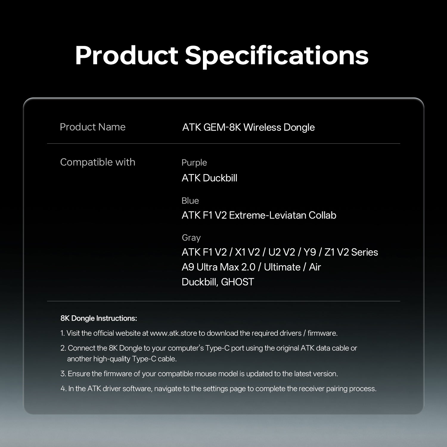 ATK GEM 8K Wireless Dongle specifications and instructions