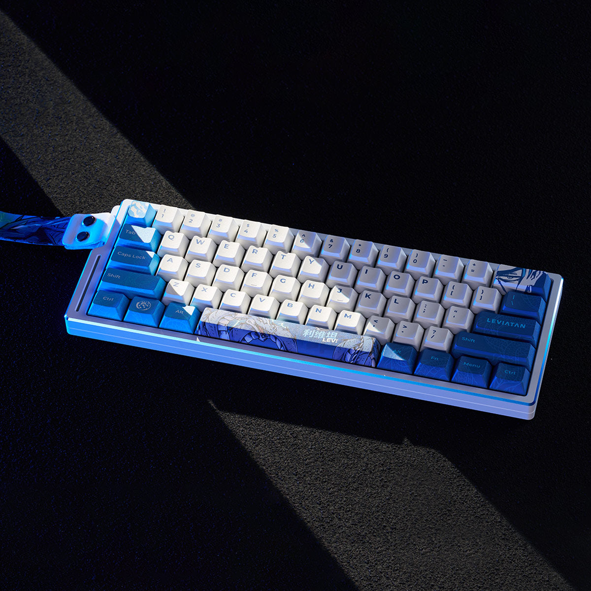 ATK EDGE 60HE Leviathan collaboration gaming keyboard, white with blue PBT keycaps and custom graphics.