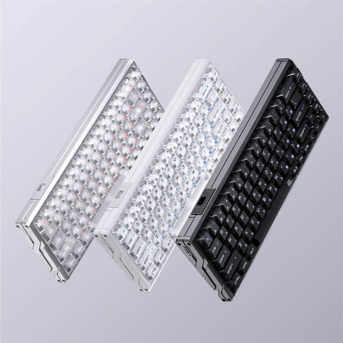 ATK RS6+ aluminum magnetic switch keyboard in silver, white, and black with transparent keycaps