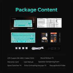 ATK RS7 Air Esports keyboard package: translucent teal keyboard, USB-C cable, manual, spare parts, stickers, and puller.