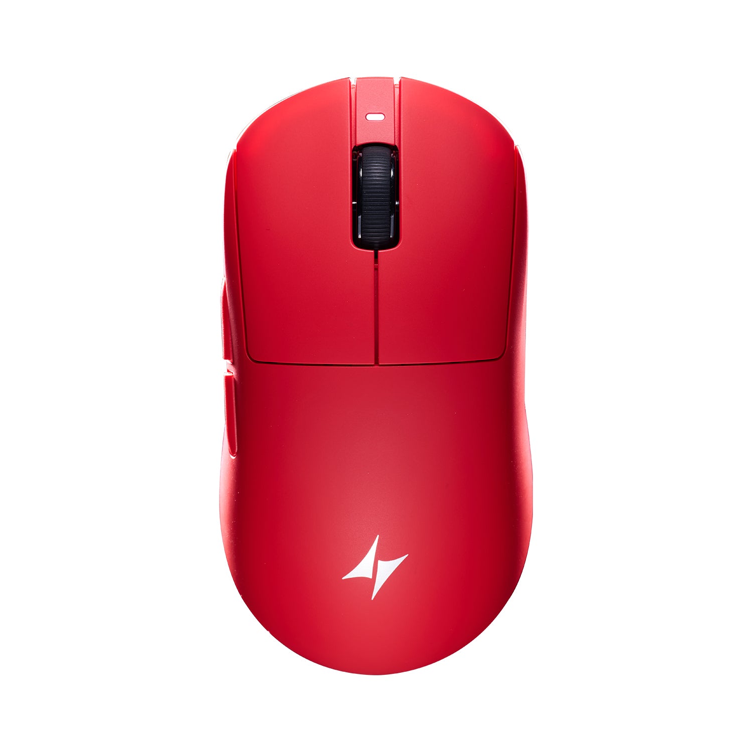 Red ATK Dragonfly A9 lightweight wireless gaming mouse with textured scroll wheel and white lightning bolt logo.
