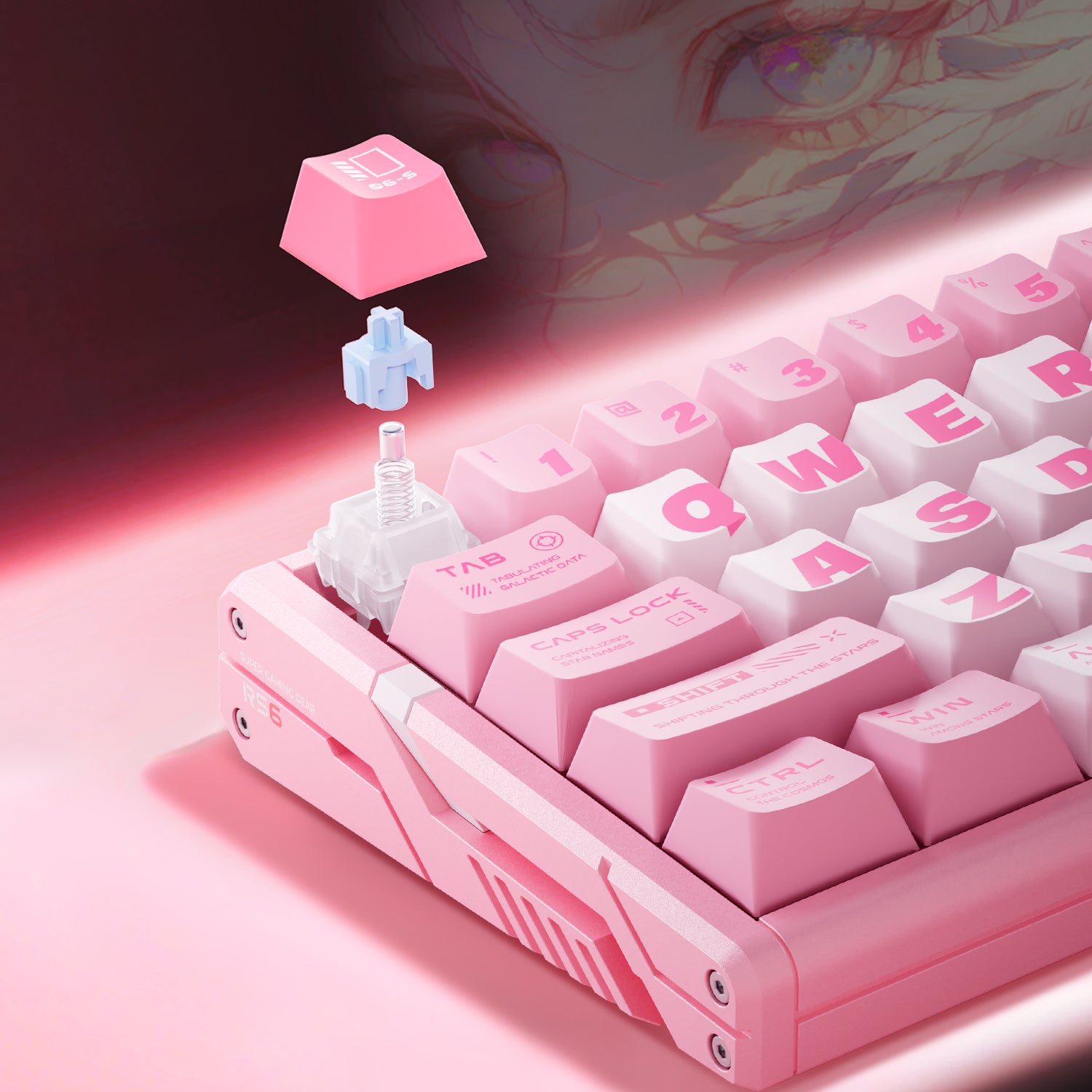 ATK RS6 Aluminum Hall Effect Keyboard with pink keycaps and anime eye design