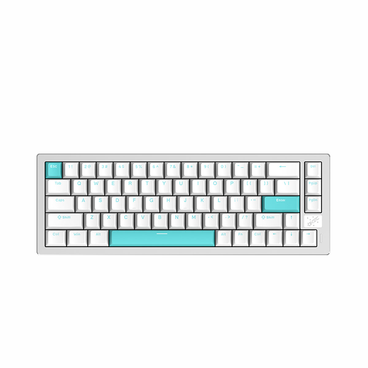ATK 68 V2 eSports keyboard in silver with white and teal keycaps, 65% layout.