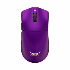 Purple ATK Blazing Sky X1 wireless mouse, matte, black scroll wheel, side buttons, white ATK logo, design.
