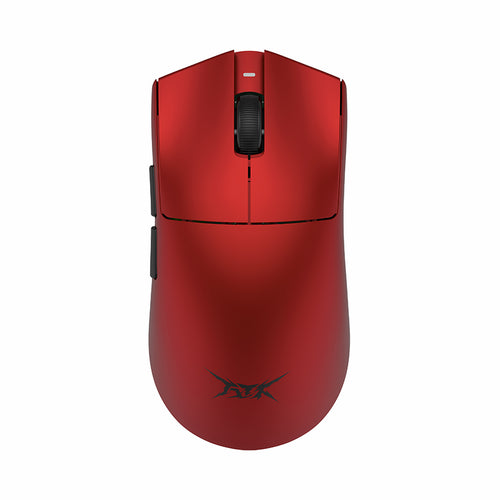 ATK Blazing Sky X1 Series wireless gaming mouse in metallic red, featuring a textured scroll wheel and side buttons.